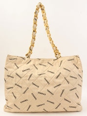 1995 Canvas Logo Print Chain Tote Bag, Beige