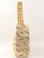 1995 Canvas Logo Print Chain Tote Bag, Beige