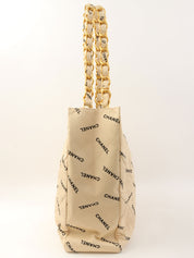 1995 Canvas Logo Print Chain Tote Bag, Beige
