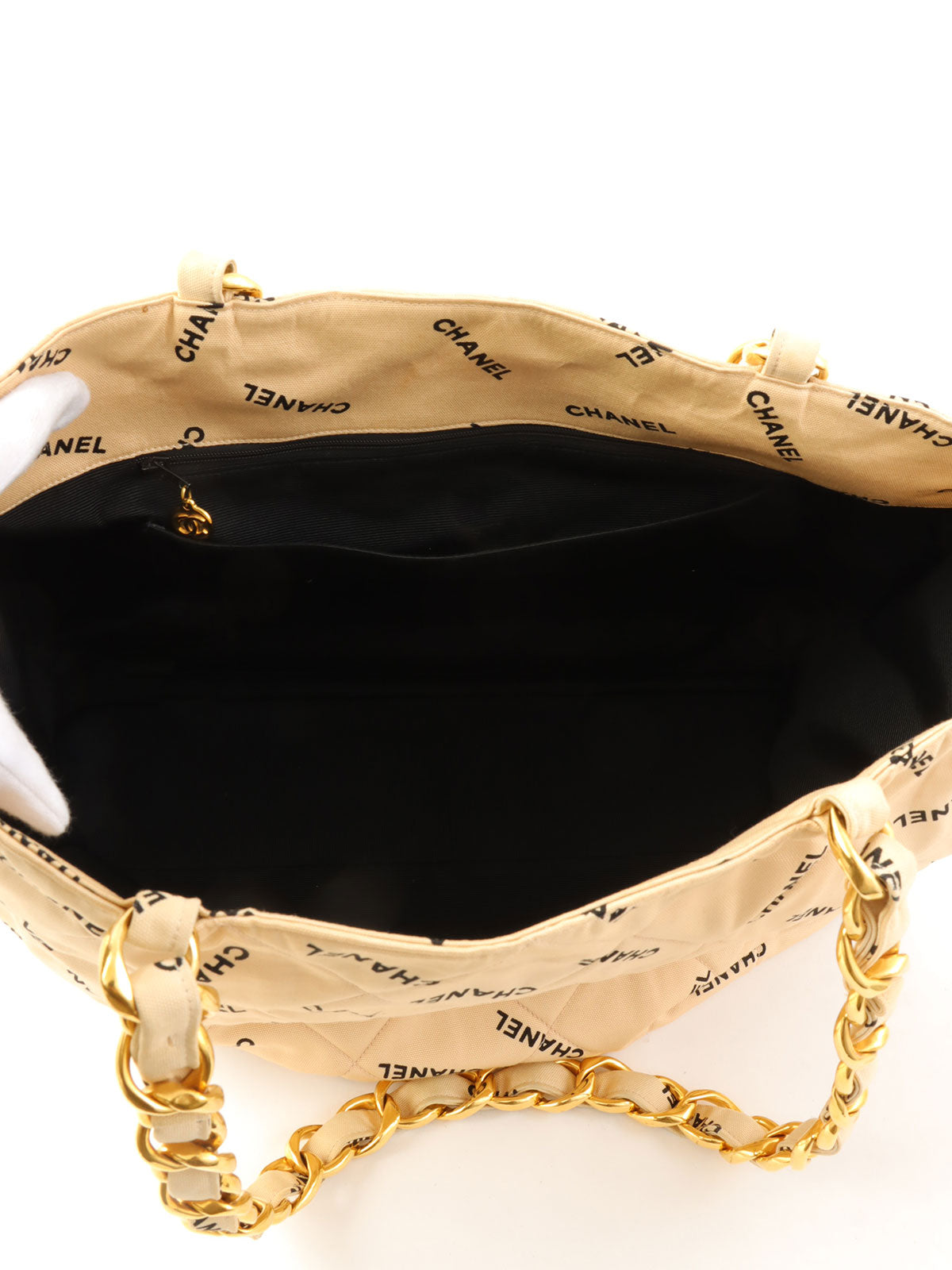 1995 Canvas Logo Print Chain Tote Bag, Beige