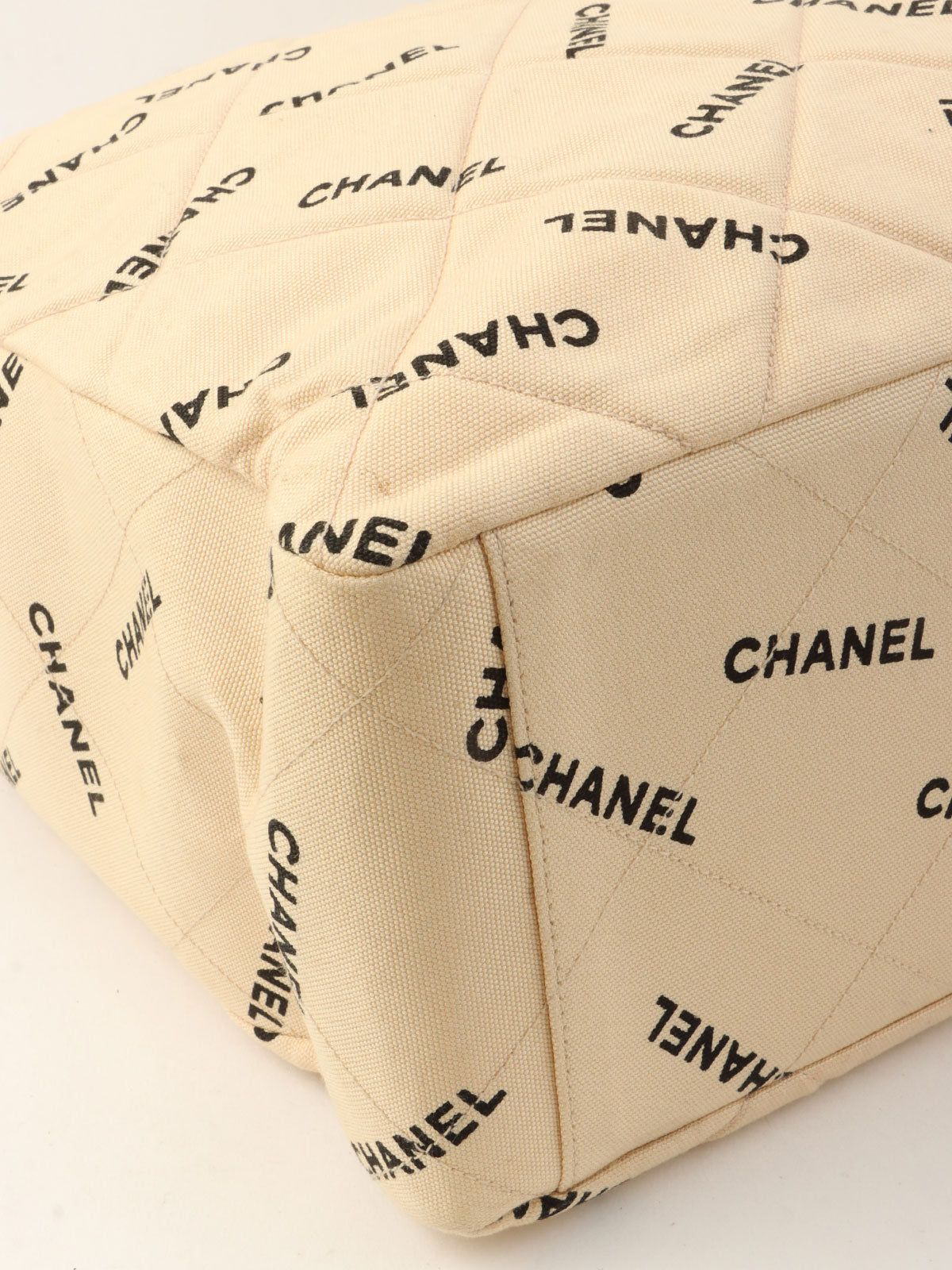 1995 Canvas Logo Print Chain Tote Bag, Beige