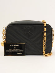 1992年頃製 キャビアスキンバイアスステッチビジューチェーンバッグ ブラック