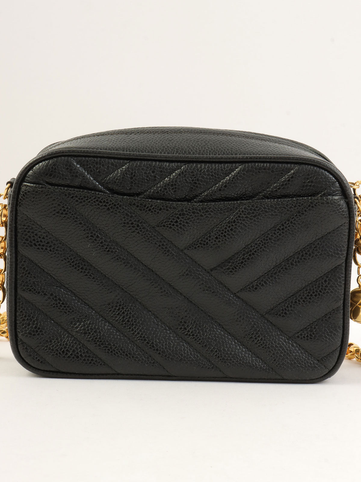 1992年頃製 キャビアスキンバイアスステッチビジューチェーンバッグ ブラック