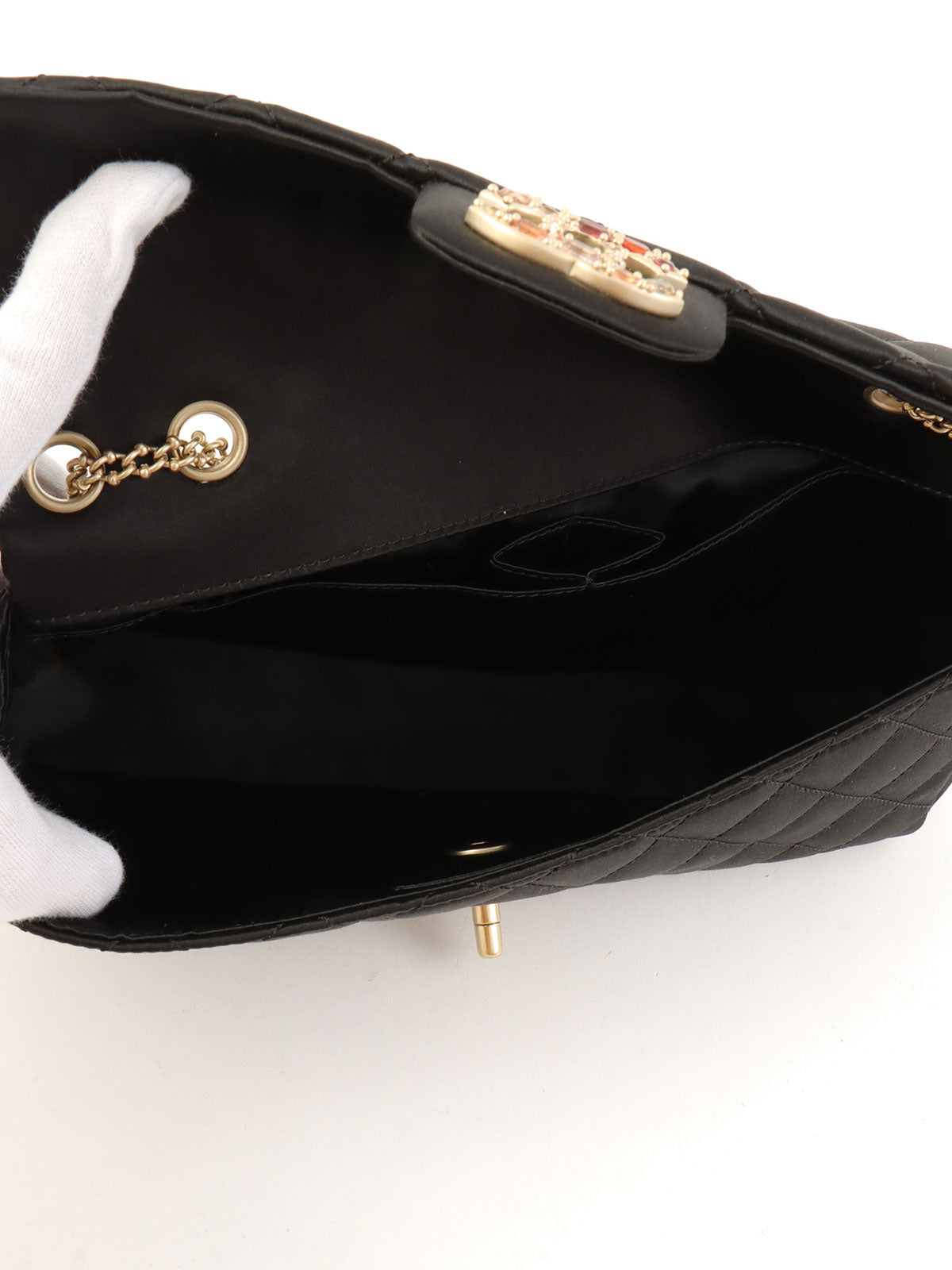 2008年頃製 シルクサテンカラーストーンCCターンロックチェーンショルダーバッグ ブラック