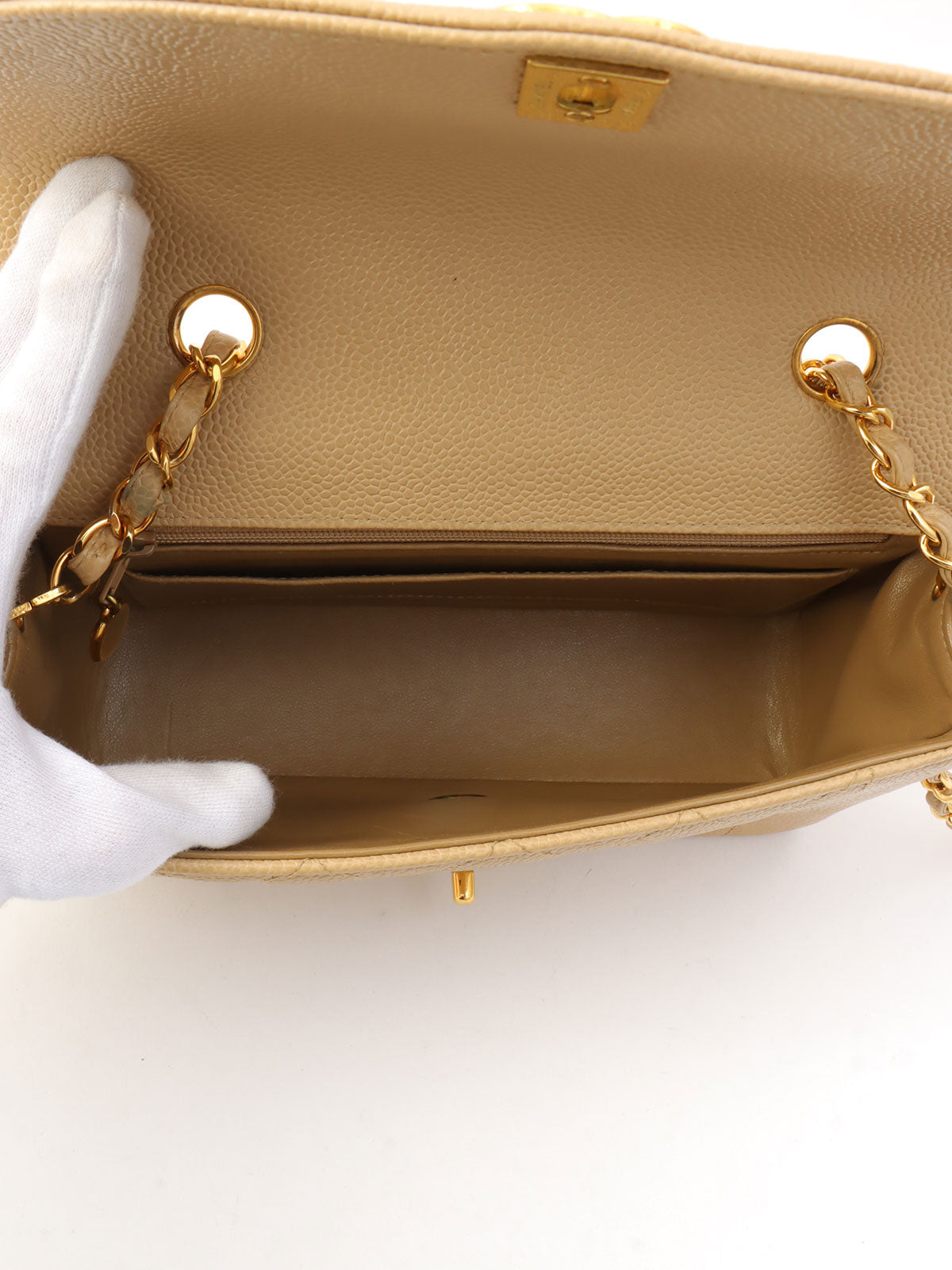 Diana caviar leather flap chain bag, 22cm, beige, made around 1995.