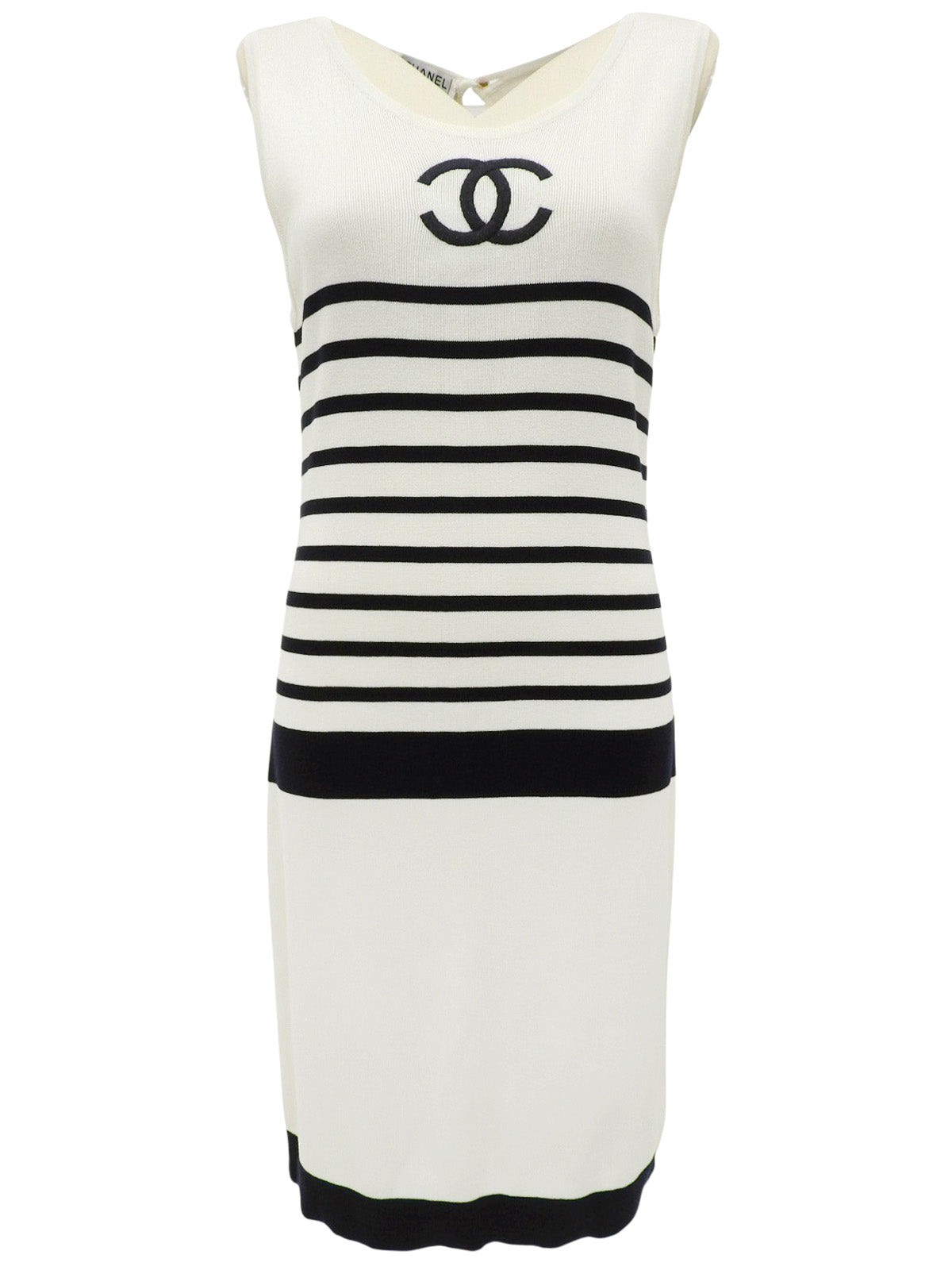 ボーダーパターンCCマーク刺繍ノースリーブワンピース ホワイト/ネイビー