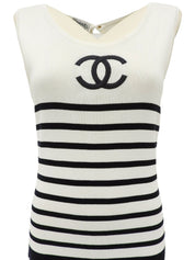 ボーダーパターンCCマーク刺繍ノースリーブワンピース ホワイト/ネイビー