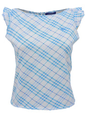 白色/蓝色格子图案刺绣Logo无袖上衣