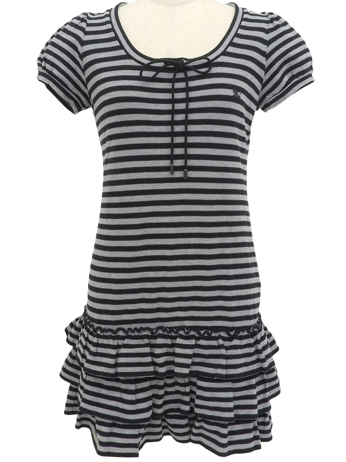 ボーダーパターンロゴ刺繍半袖ワンピース ブラック/ネイビー