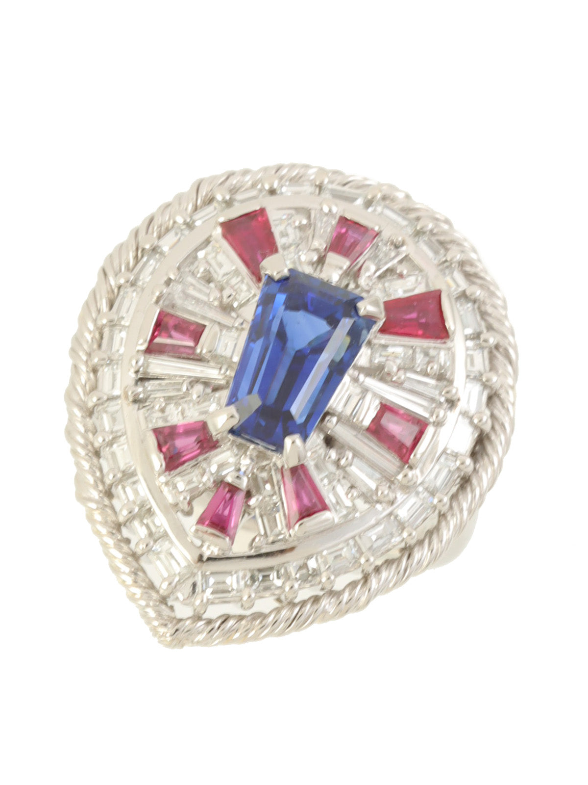 Platinum Ruby and Sapphire Design Ring in Silver/Red/Blue
