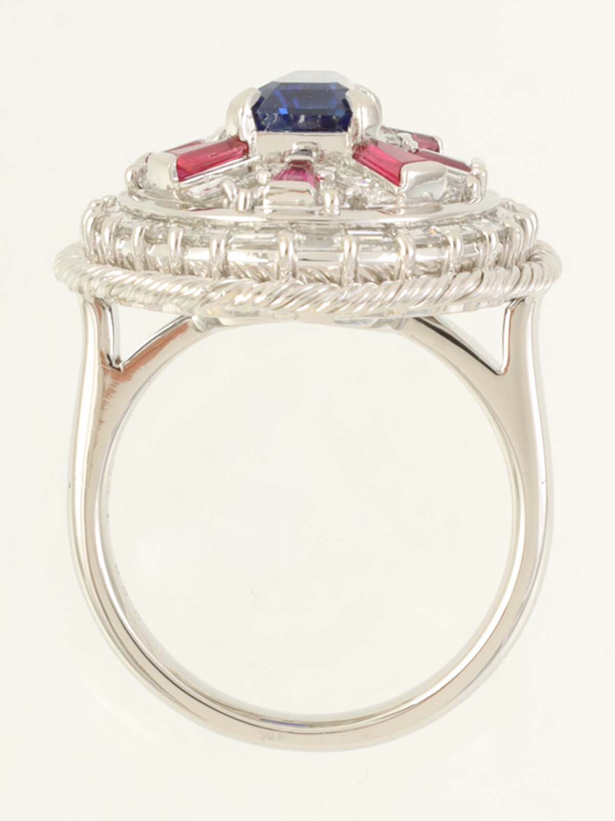 Platinum Ruby and Sapphire Design Ring in Silver/Red/Blue