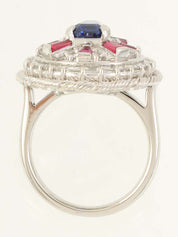 Platinum Ruby and Sapphire Design Ring in Silver/Red/Blue