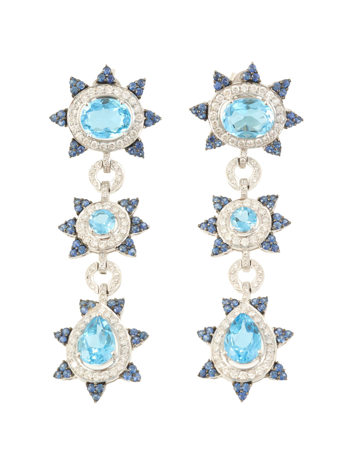 18K Blue Topaz and Sapphire Design Swing Earrings in Silver/Blue