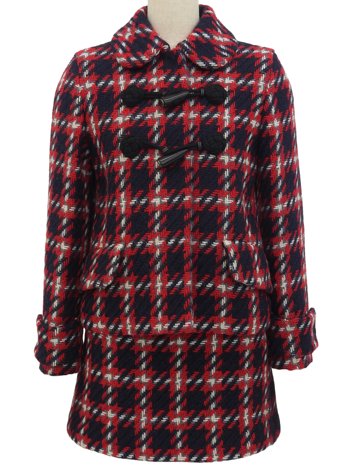 Wool Check Pattern Hooded Set in Red/Navy