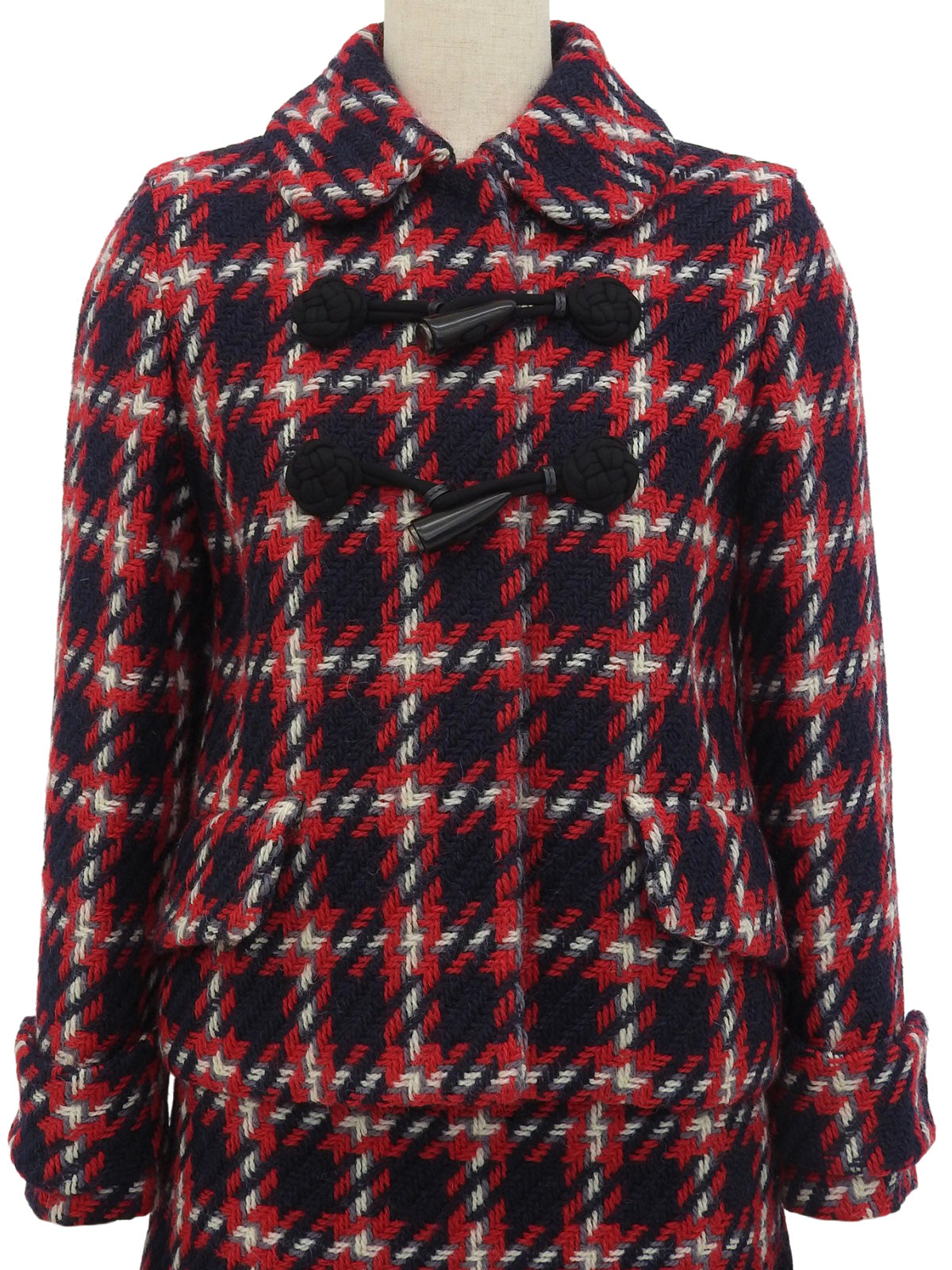 Wool Check Pattern Hooded Set in Red/Navy