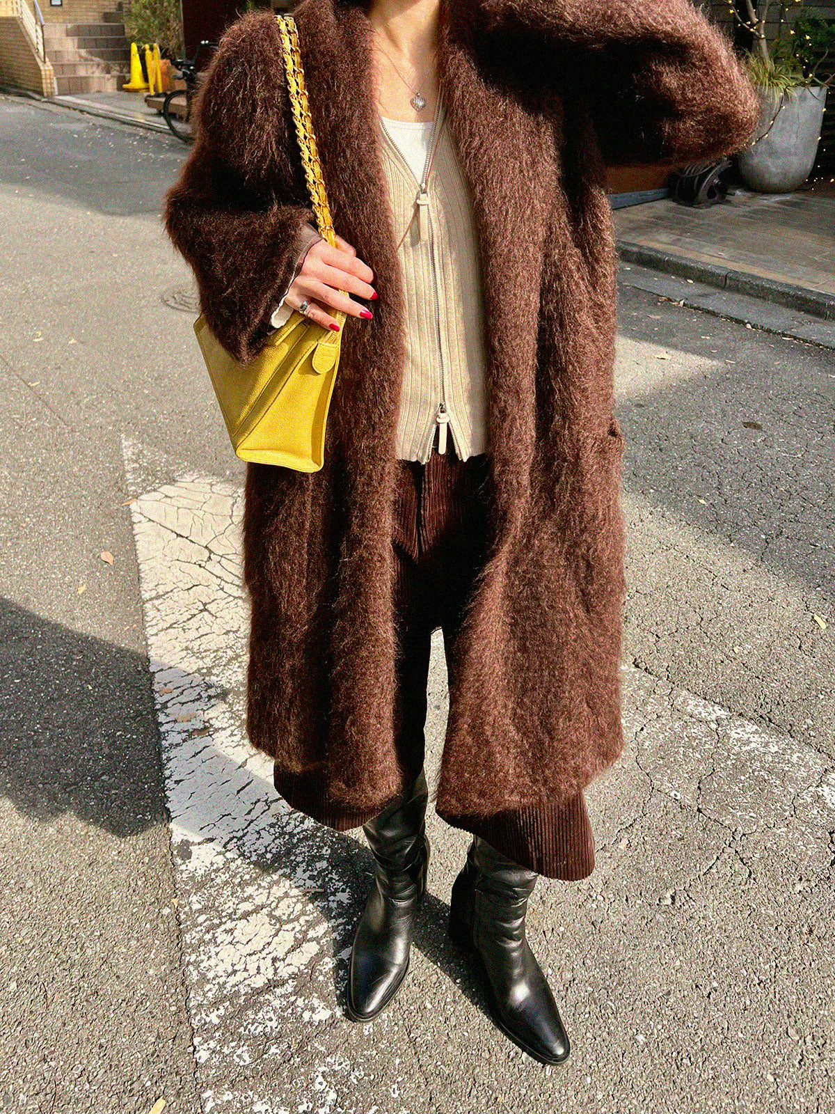 モヘアビッグカラーロングコート ブラウン