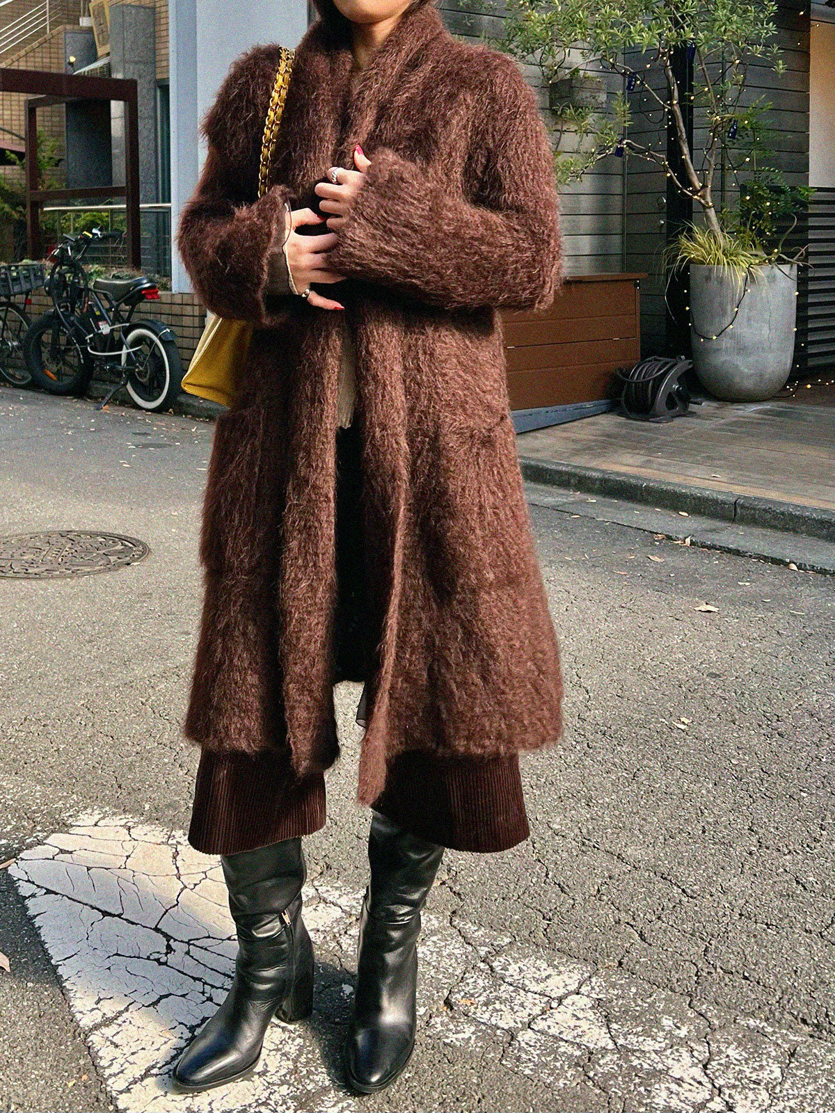 モヘアビッグカラーロングコート ブラウン