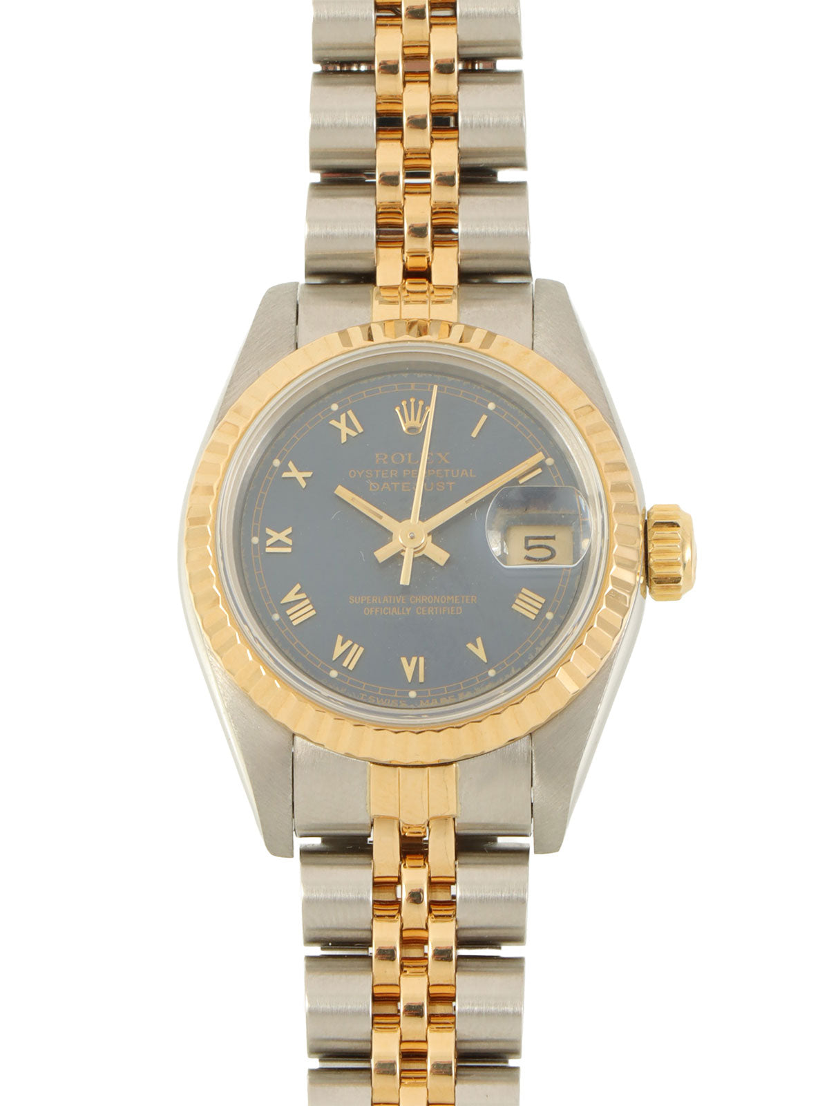 约1991年产蚝式恒动日历型腕表，银/金/海军蓝配色。