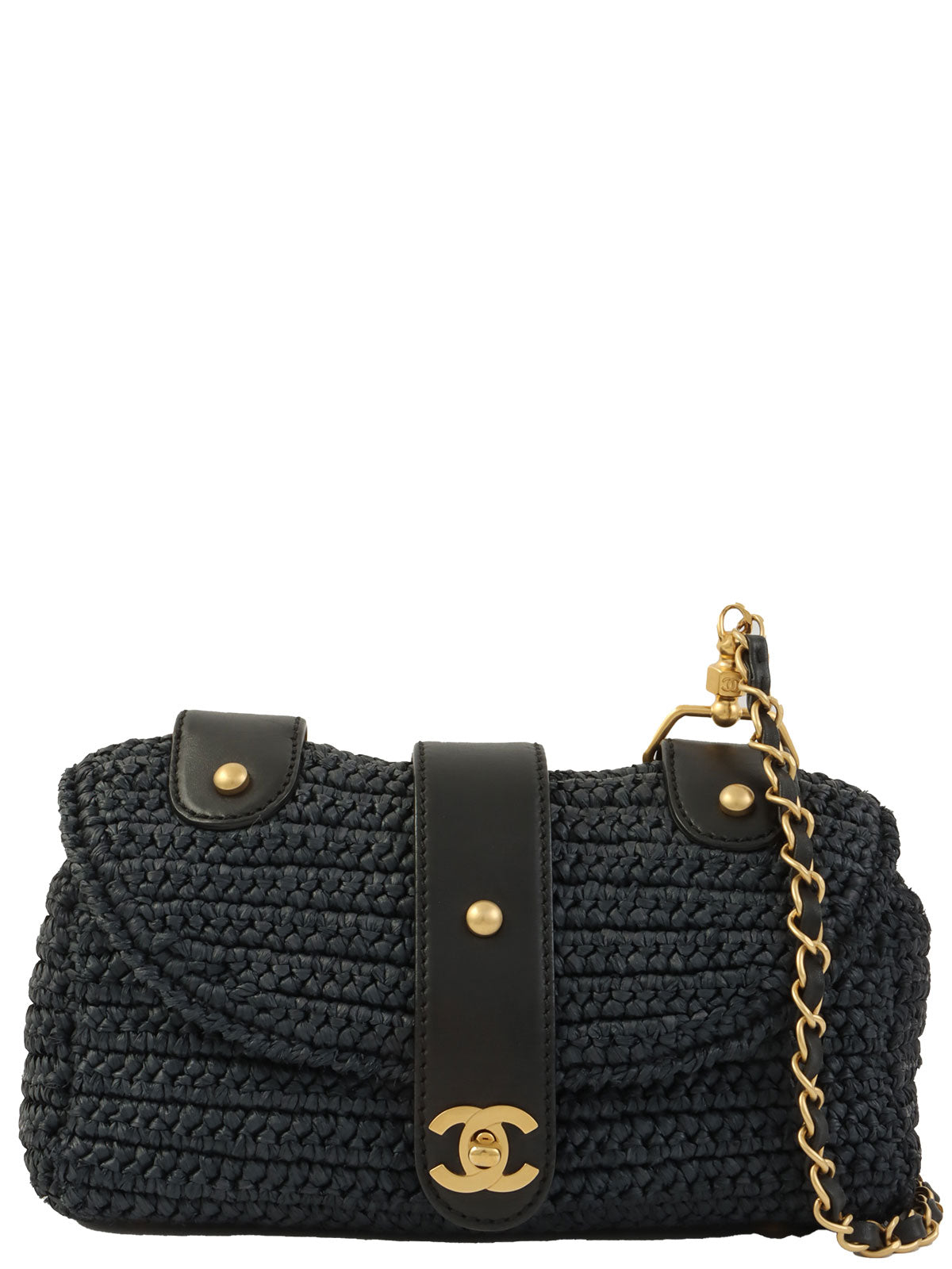 2005年頃製 ラフィアCCターンロックチェーンショルダーバッグ ネイビー/ブラック