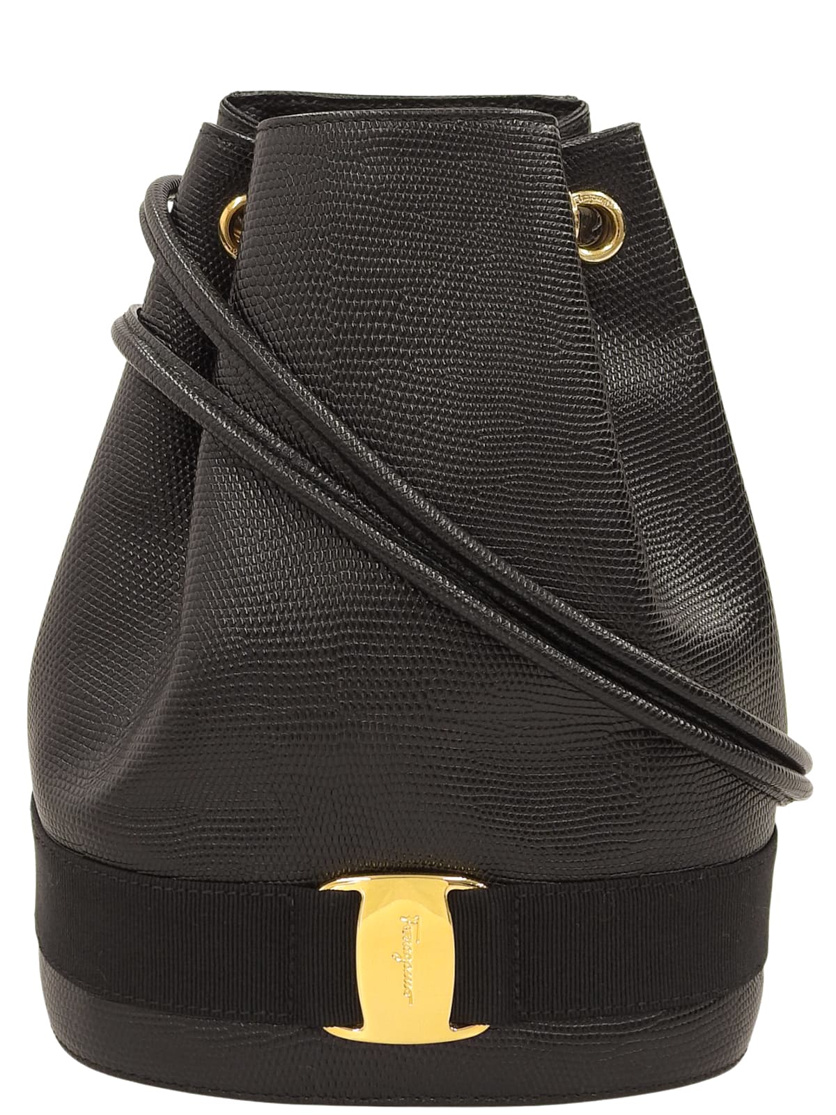 黑色蜥蜴纹压花Vara Plate抽绳单肩包