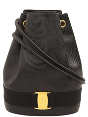 黑色蜥蜴纹压花Vara Plate抽绳单肩包