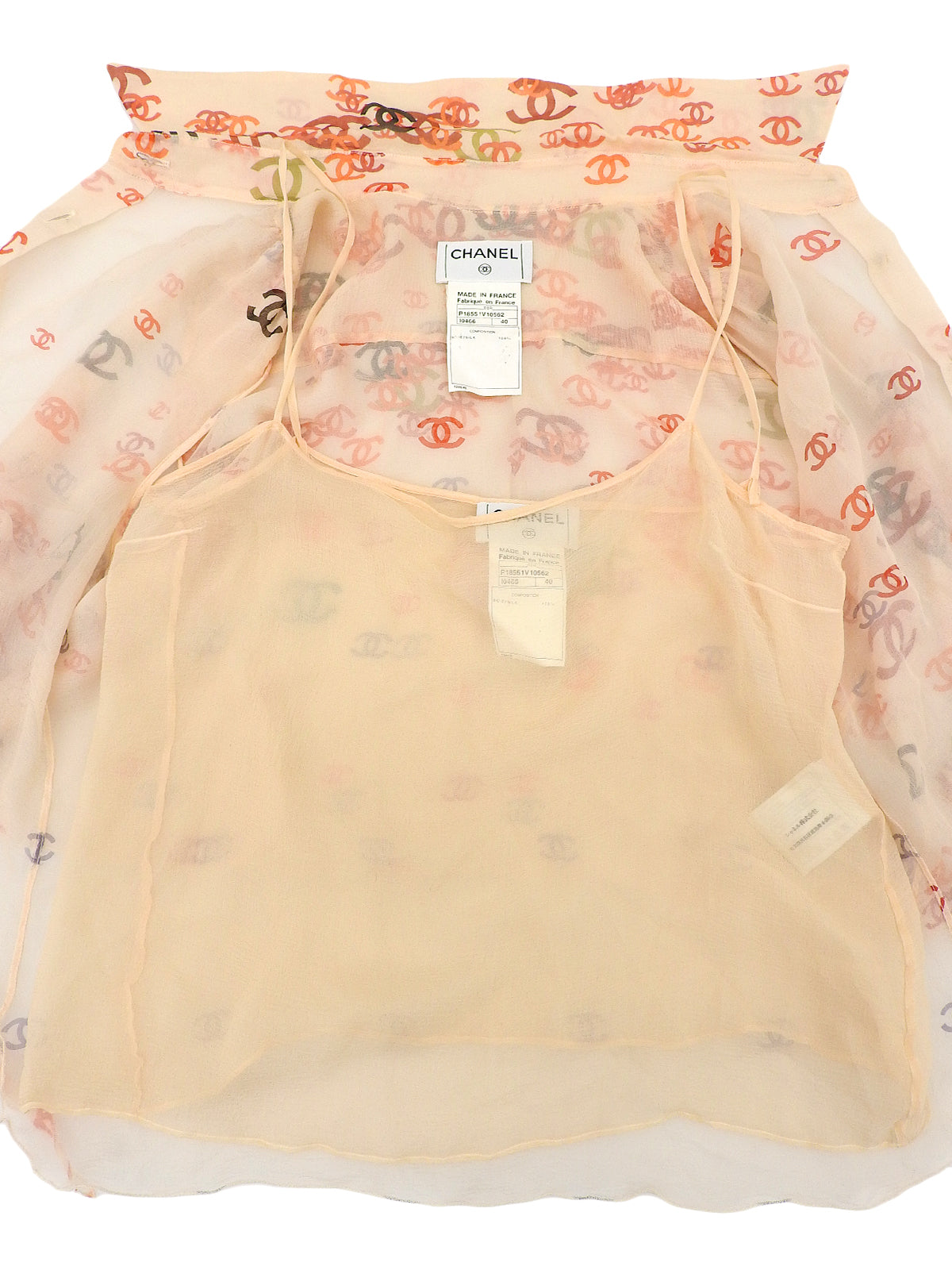 2001年製 シルクCCマークパターンシースルーノースリーブブラウス オレンジ/ベージュ