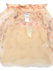 2001年製 シルクCCマークパターンシースルーノースリーブブラウス オレンジ/ベージュ