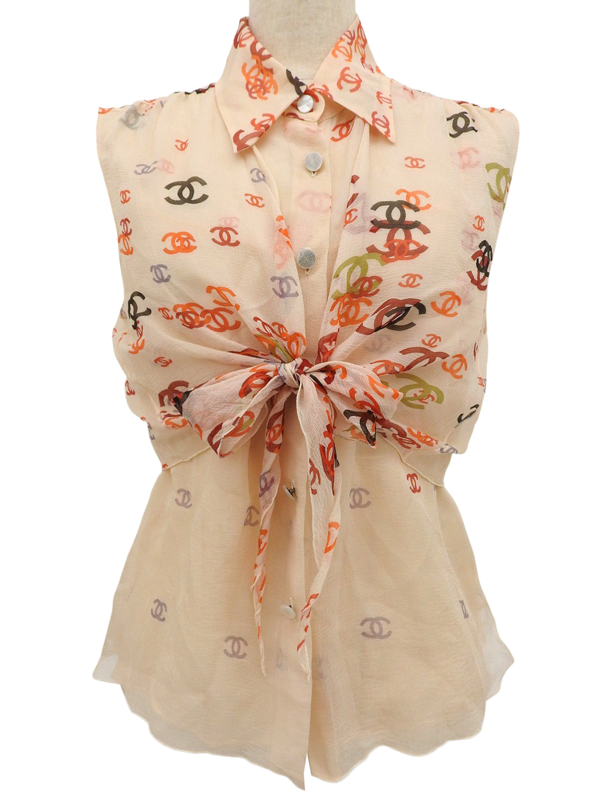 2001年製 シルクCCマークパターンシースルーノースリーブブラウス オレンジ/ベージュ