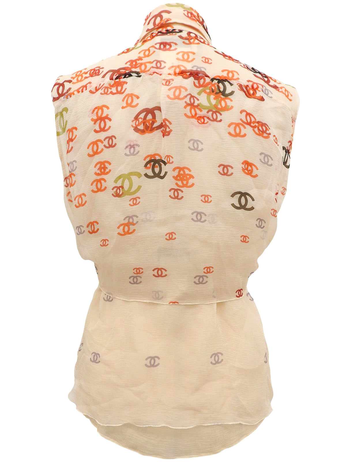 2001年製 シルクCCマークパターンシースルーノースリーブブラウス オレンジ/ベージュ