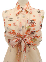 2001年製 シルクCCマークパターンシースルーノースリーブブラウス オレンジ/ベージュ