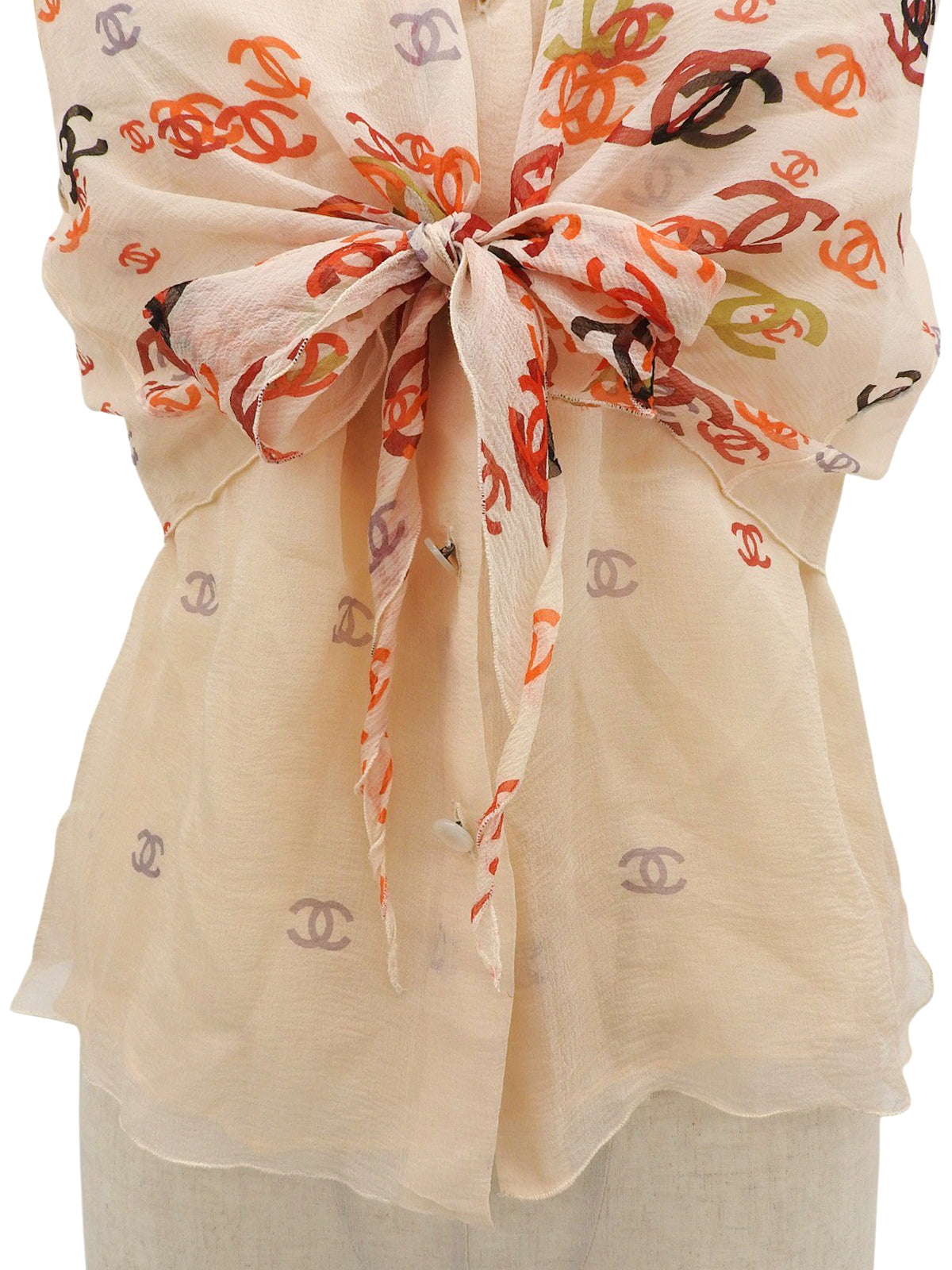2001年製 シルクCCマークパターンシースルーノースリーブブラウス オレンジ/ベージュ
