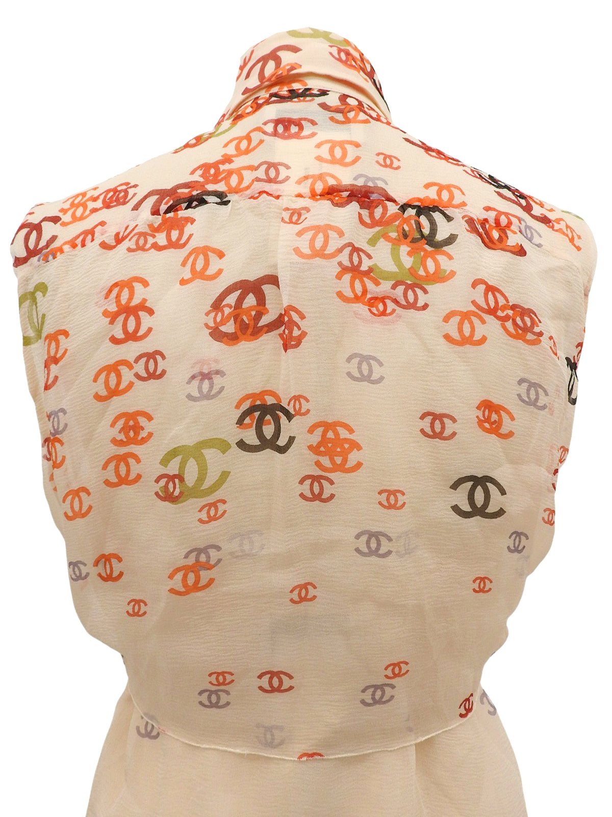 2001年製 シルクCCマークパターンシースルーノースリーブブラウス オレンジ/ベージュ