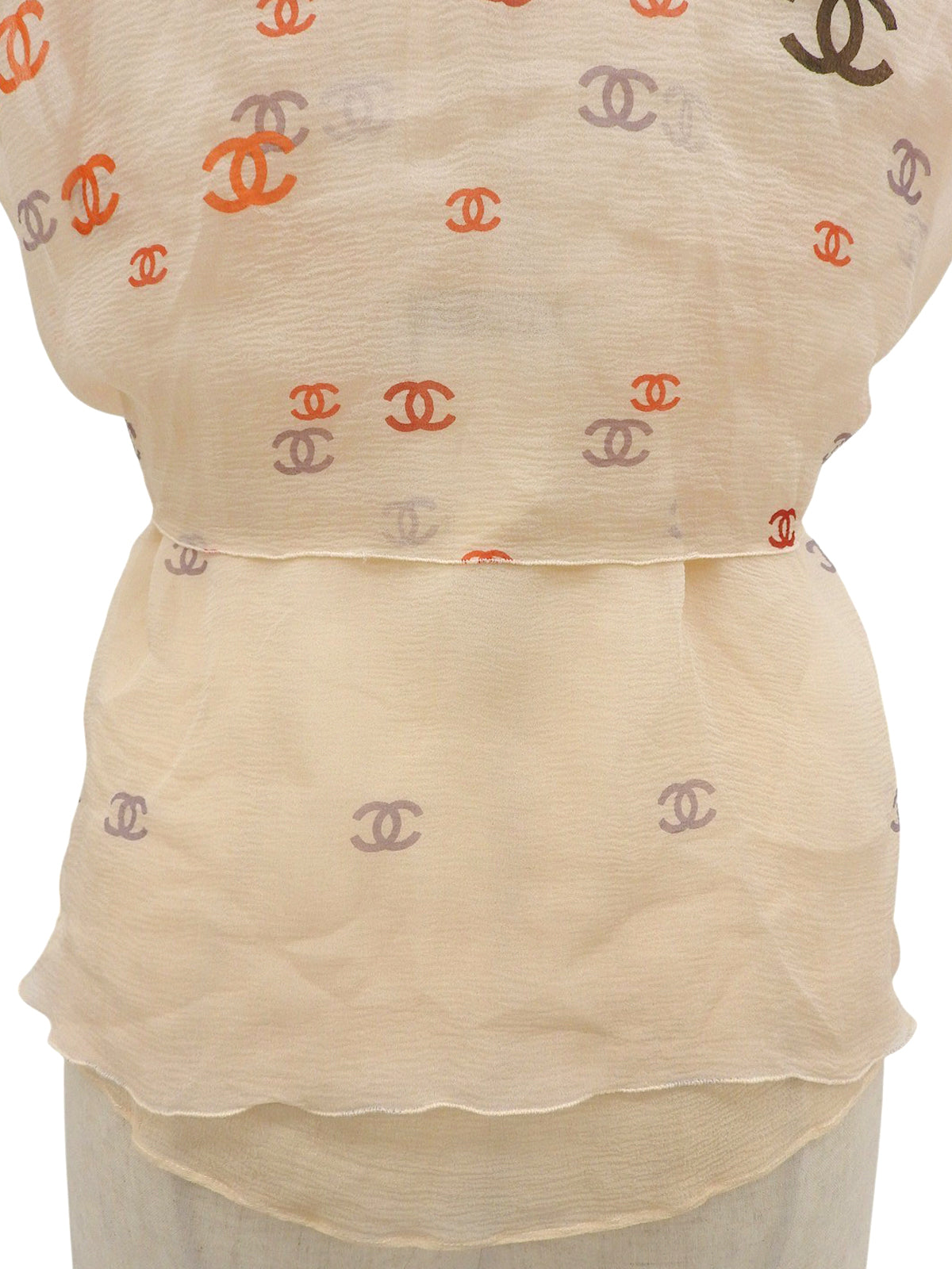 2001年製 シルクCCマークパターンシースルーノースリーブブラウス オレンジ/ベージュ