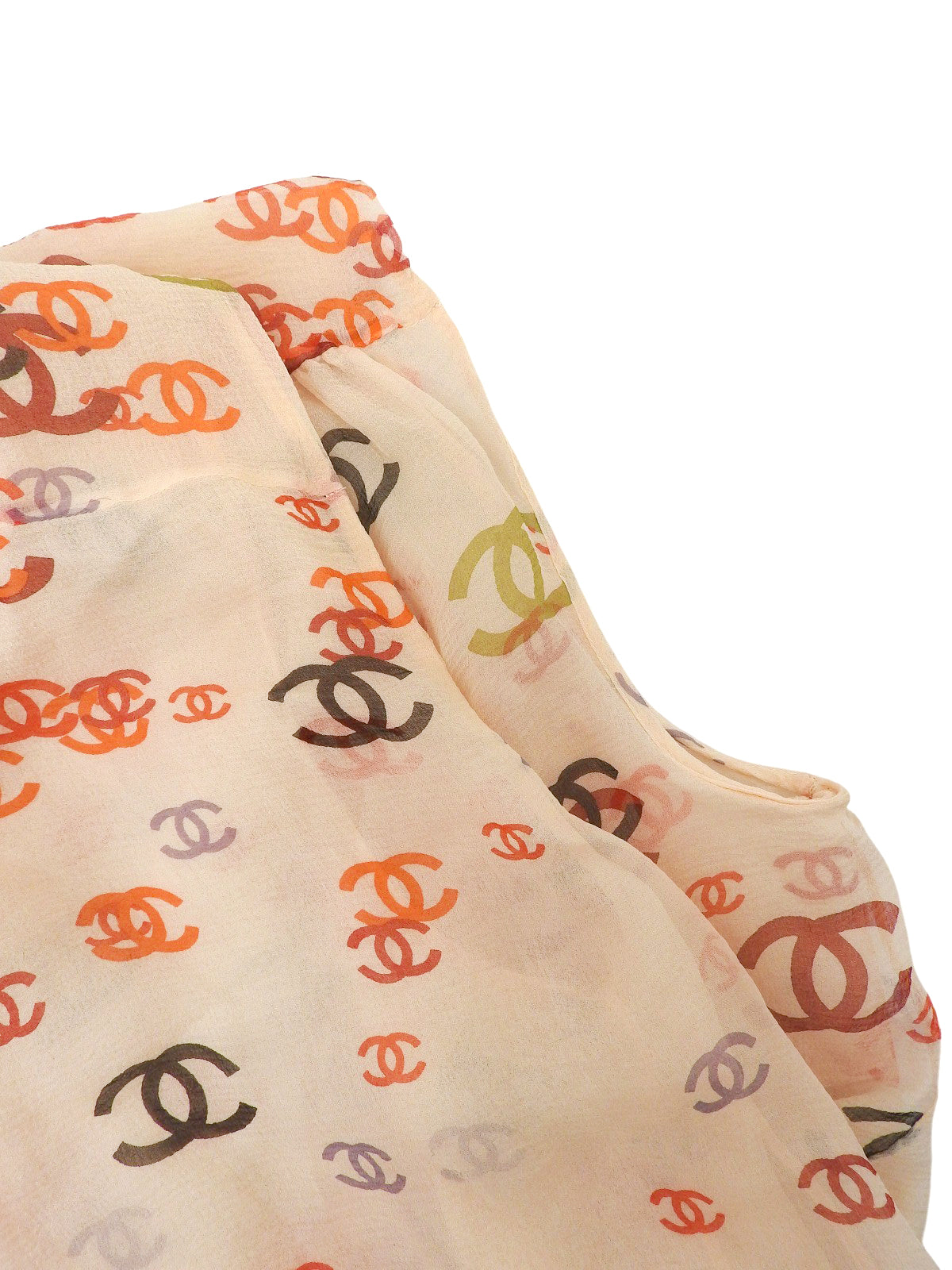 2001年製 シルクCCマークパターンシースルーノースリーブブラウス オレンジ/ベージュ