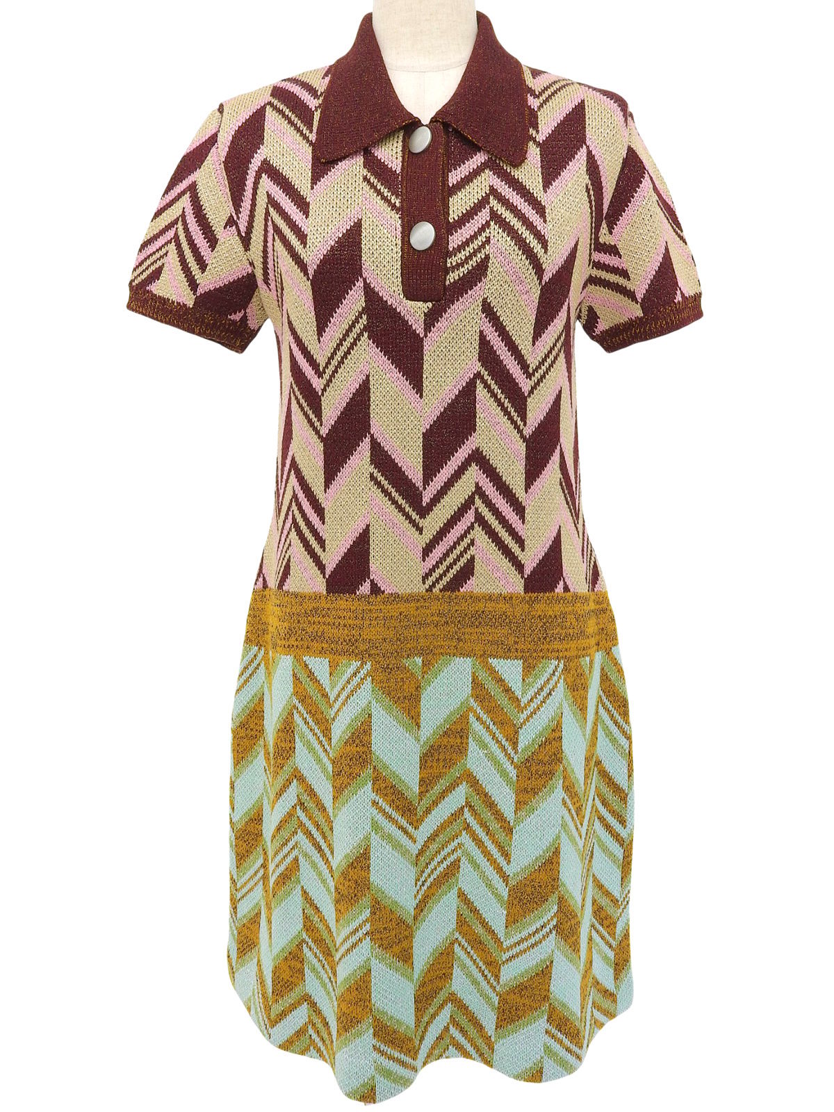 デザインパターンハーフスリーブニットワンピース ボルドー/ライトブルー/マルチ