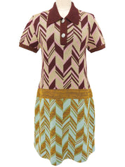 デザインパターンハーフスリーブニットワンピース ボルドー/ライトブルー/マルチ