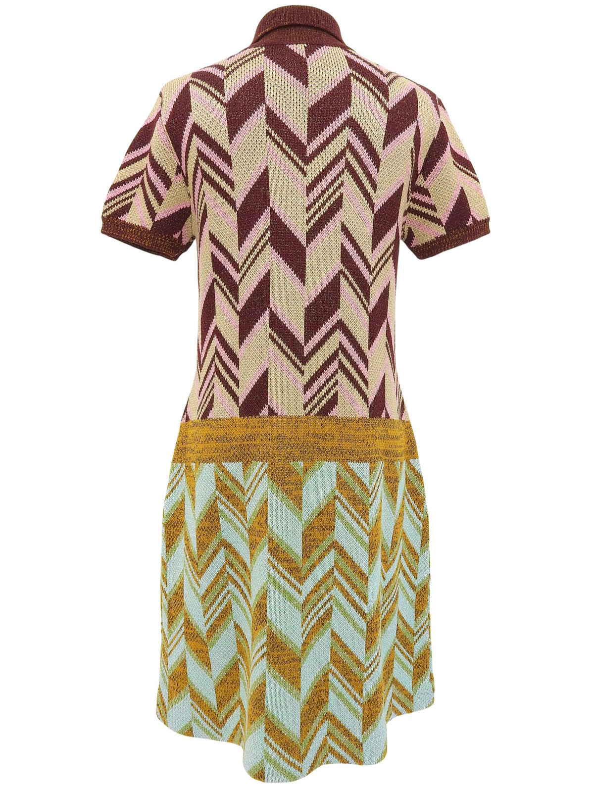 デザインパターンハーフスリーブニットワンピース ボルドー/ライトブルー/マルチ