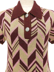 Design Pattern Half Sleeve Knit Dress in Bordeaux/Light Blue/Multi