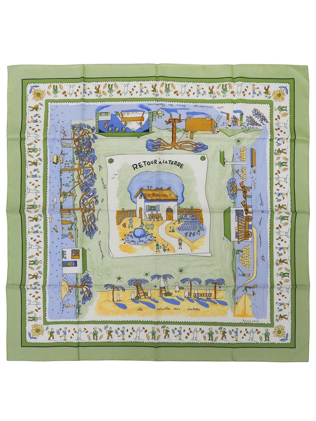 カレ90 RETOUR ALA TERREパターンスカーフ カーキ