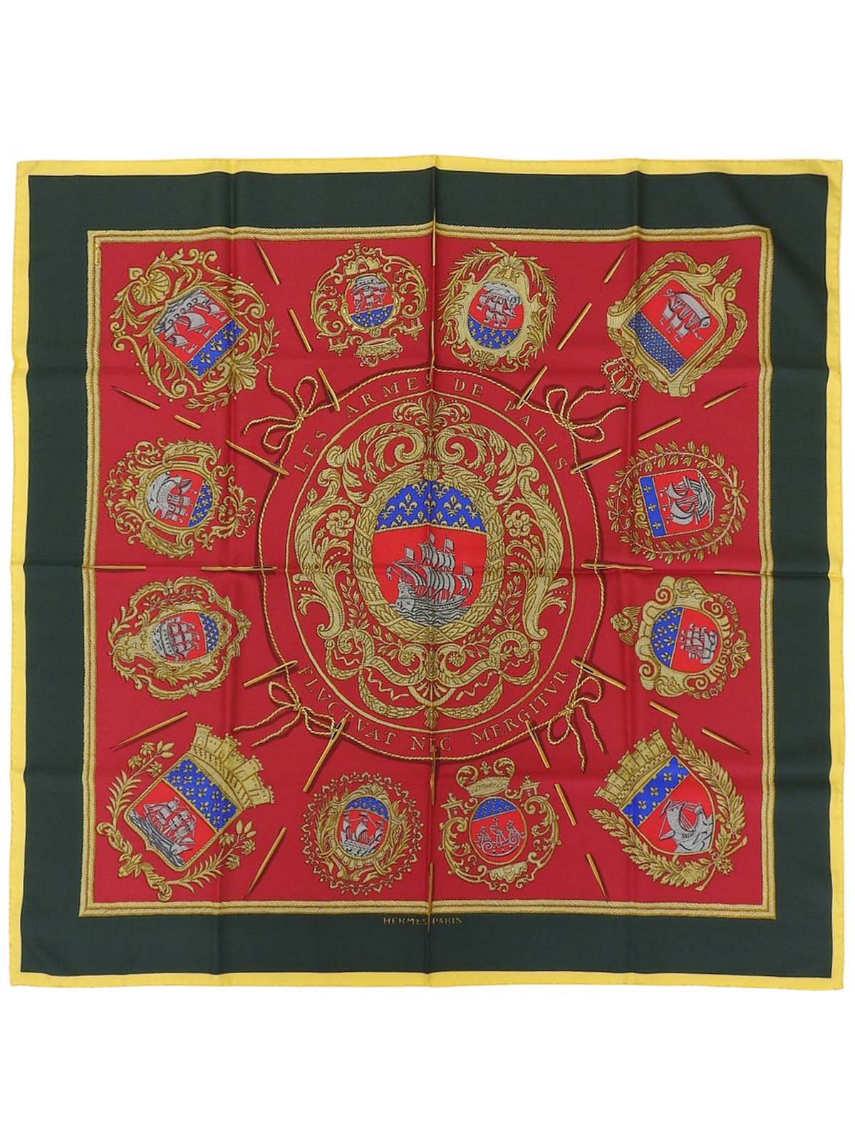 カレ90 Les armes de parisパターンスカーフ レッド/グリーン/イエロー