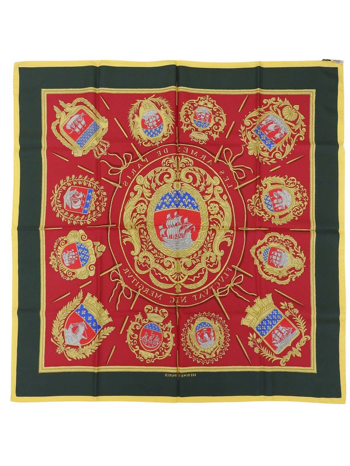 カレ90 Les armes de parisパターンスカーフ レッド/グリーン/イエロー