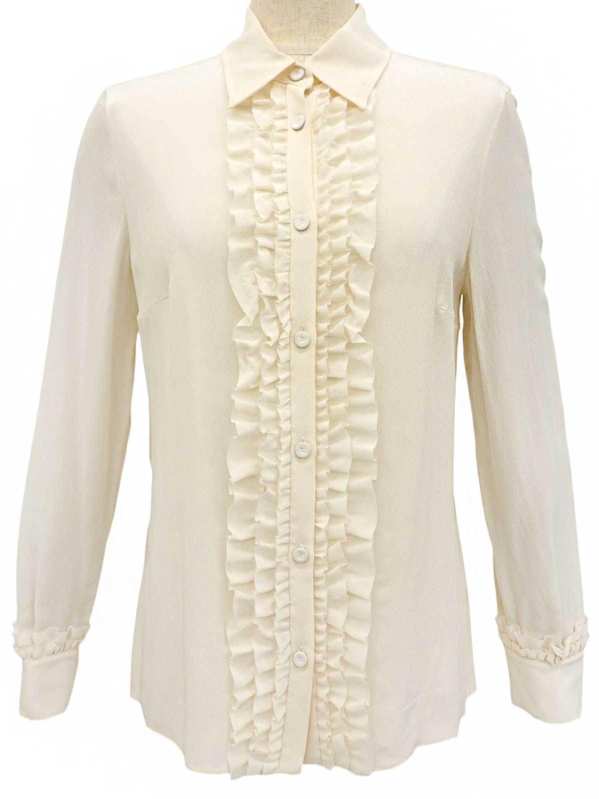 Silk sheath ruffle long sleeve blouse in ivory