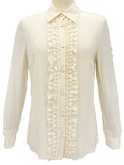 Silk sheath ruffle long sleeve blouse in ivory