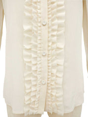 Silk sheath ruffle long sleeve blouse in ivory