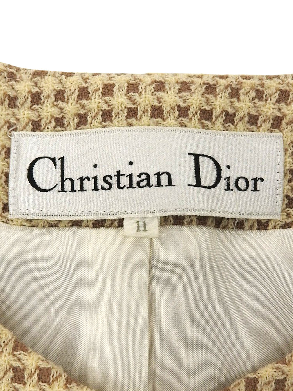 チェックパターンノーカラージャケット アイボリー/ブラウン