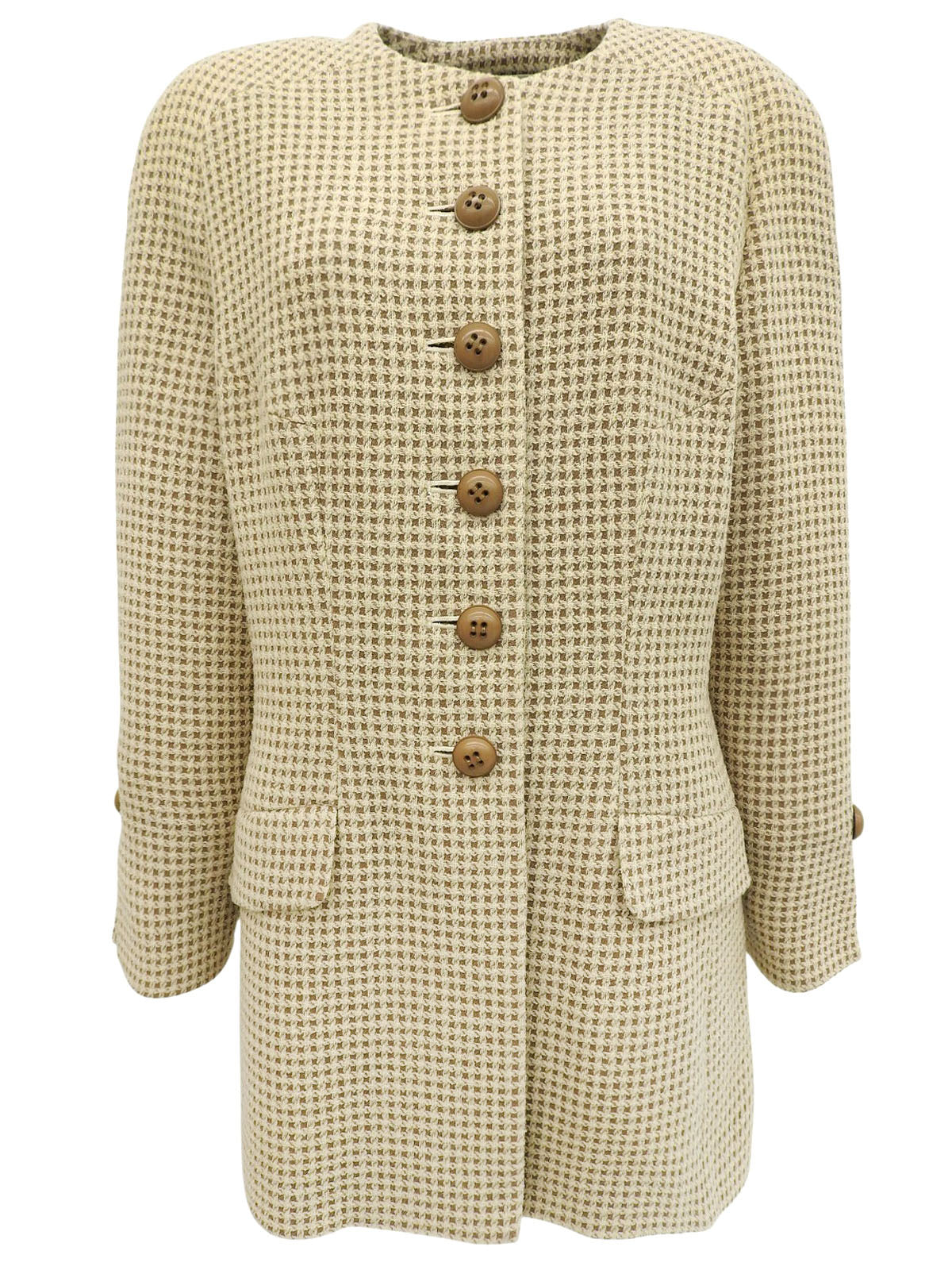 チェックパターンノーカラージャケット アイボリー/ブラウン