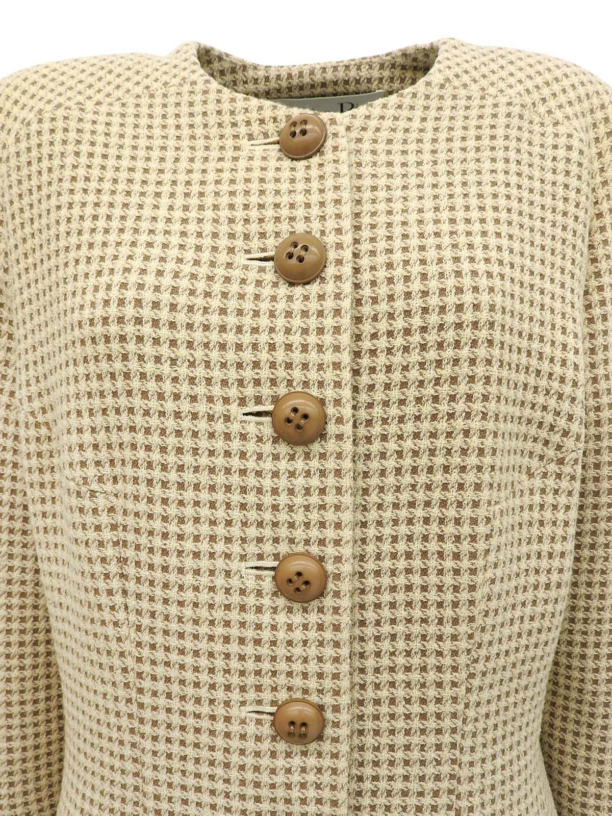 チェックパターンノーカラージャケット アイボリー/ブラウン