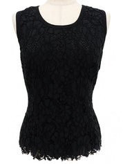 黑色花卉蕾丝设计无袖上衣