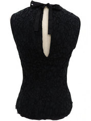 黑色花卉蕾丝设计无袖上衣