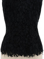 黑色花卉蕾丝设计无袖上衣